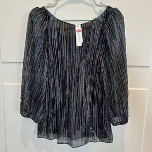 TRINA TURK Metallic Tinsel Stripe Puff Sleeve Blouse Medium Black Party NYE NWT
